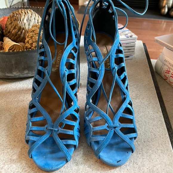 Aquazzura Blue Suede Heels sz 37 US 7 - Picture 2 of 6